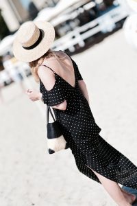 czarna-sukienka-w-groszki-słomiany-koszyk-kapelusz-kanotier-stylizacja